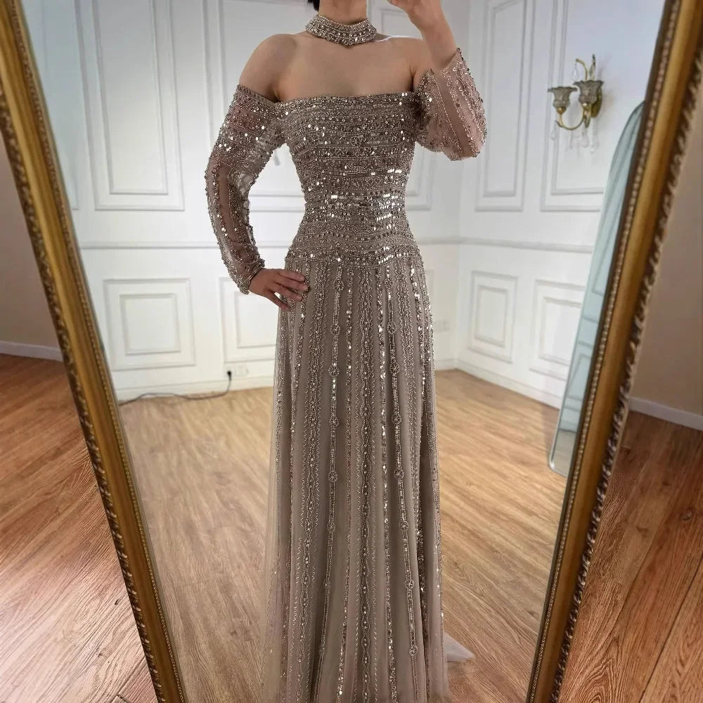 Elegant Caramel Beaded Off Shoulder Evening Dress with Long Sleeves for Formal Party Zapdress 2025 Customized (ZD17355) - VelvetHem