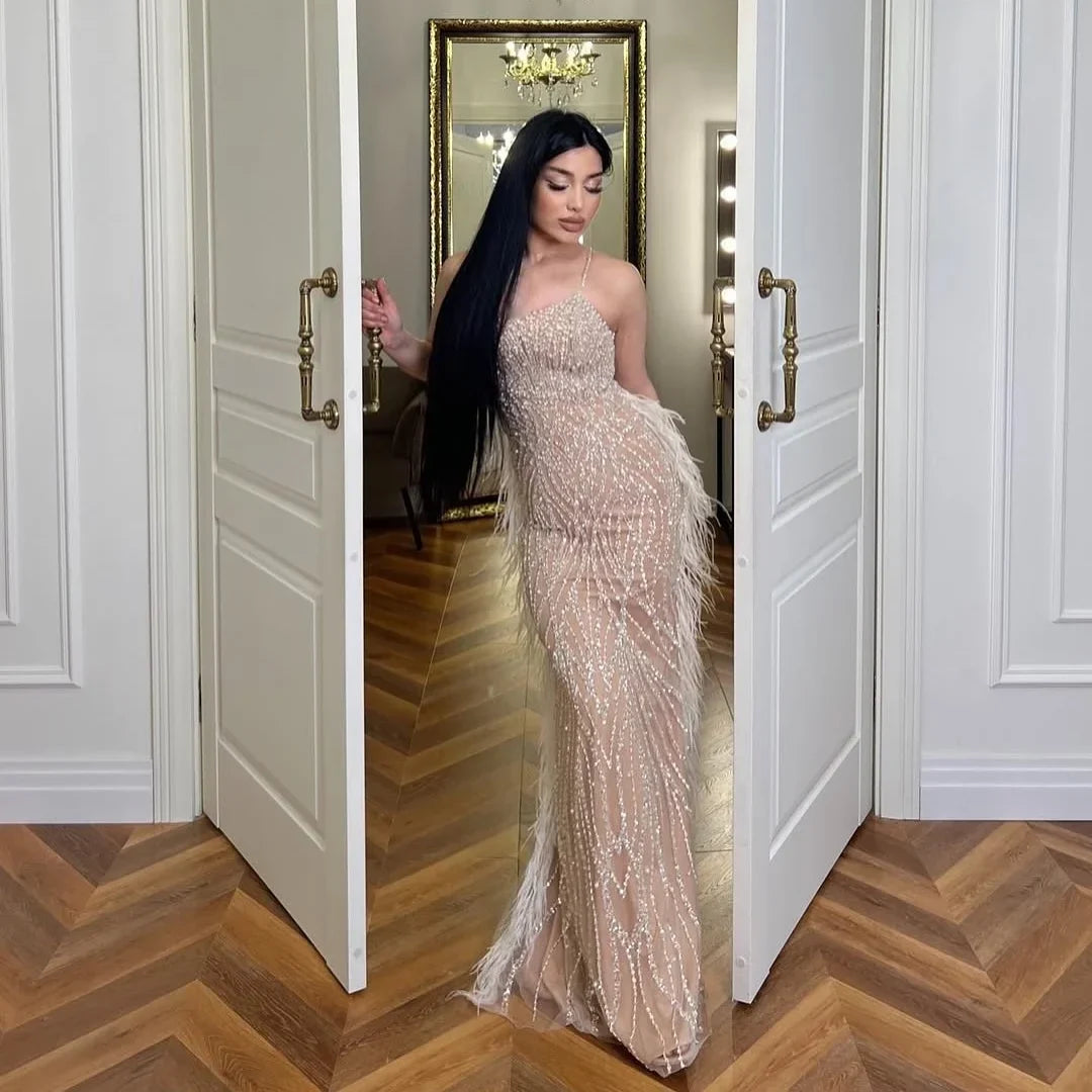 Zapdress White Nude Spaghetti Strap Feathers Beaded Mermaid Evening Dress Party Gown for Women DLA72823 Customized (ZD17377) - VelvetHem