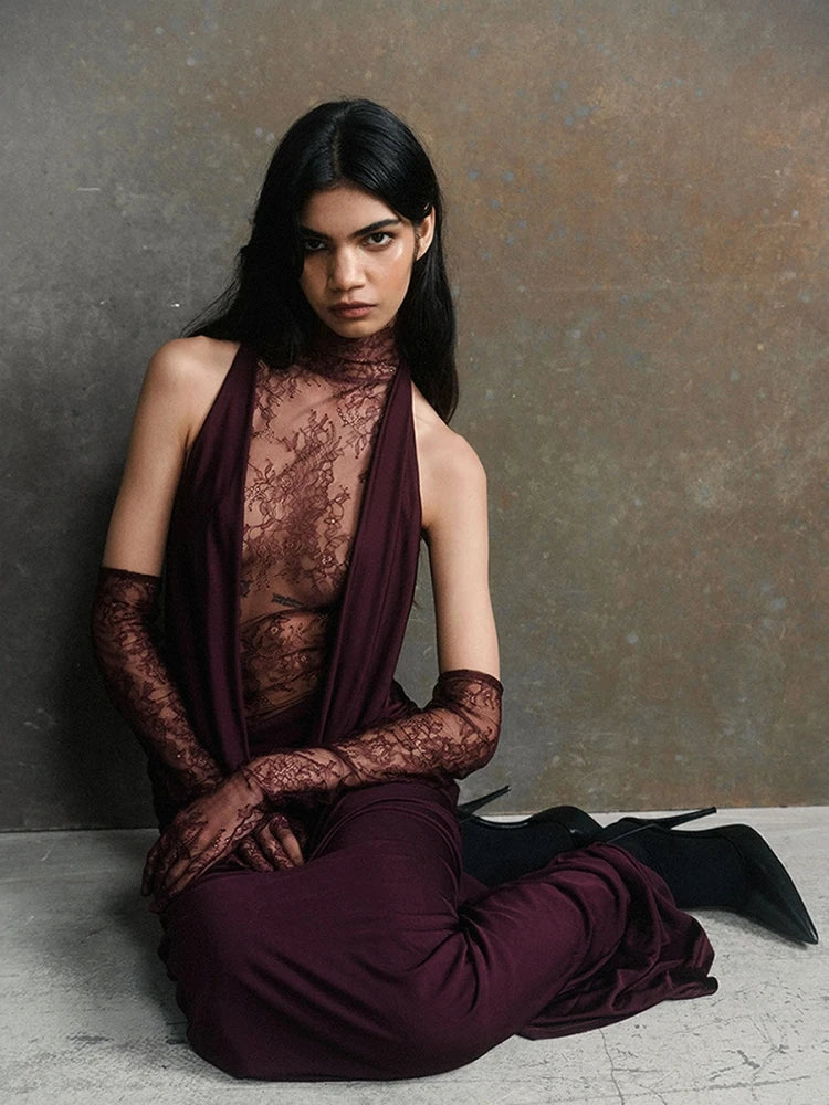 Turtleneck Pleated Gloves Backless Lace Dress - View 3 | VelvetHem
