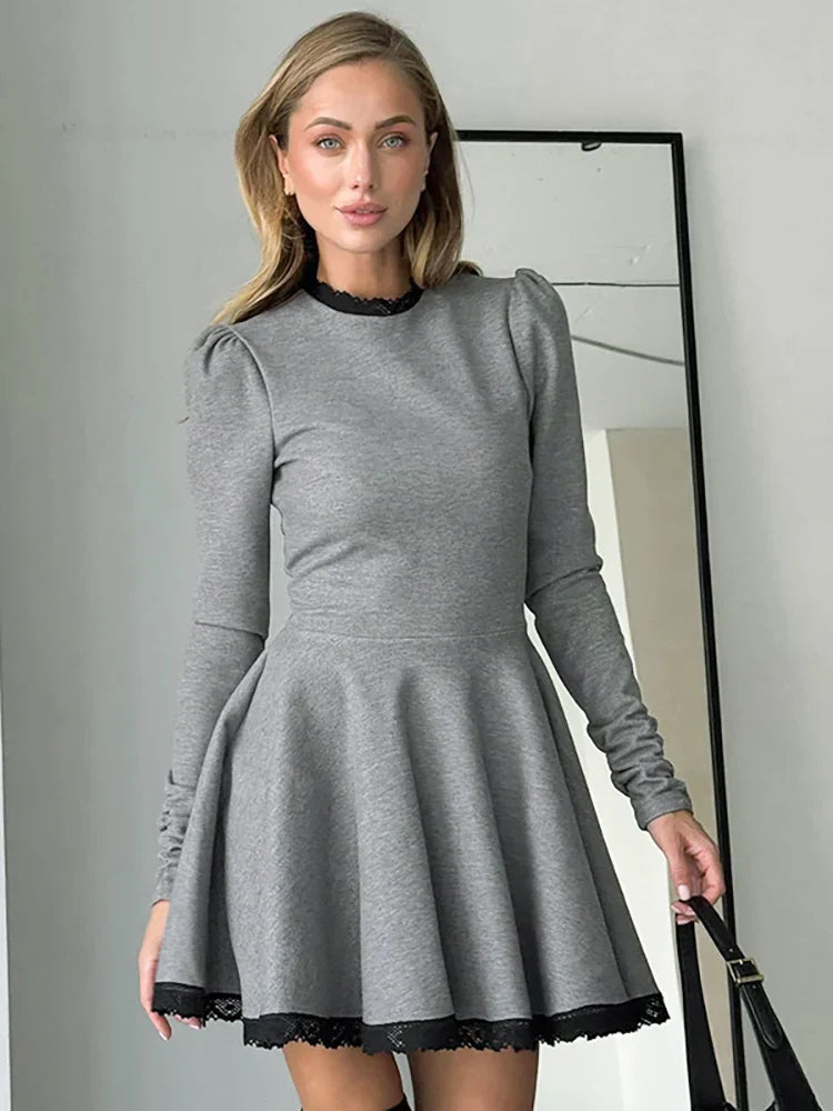 Patchwork Gray Long Sleeve A - line Mini Dress