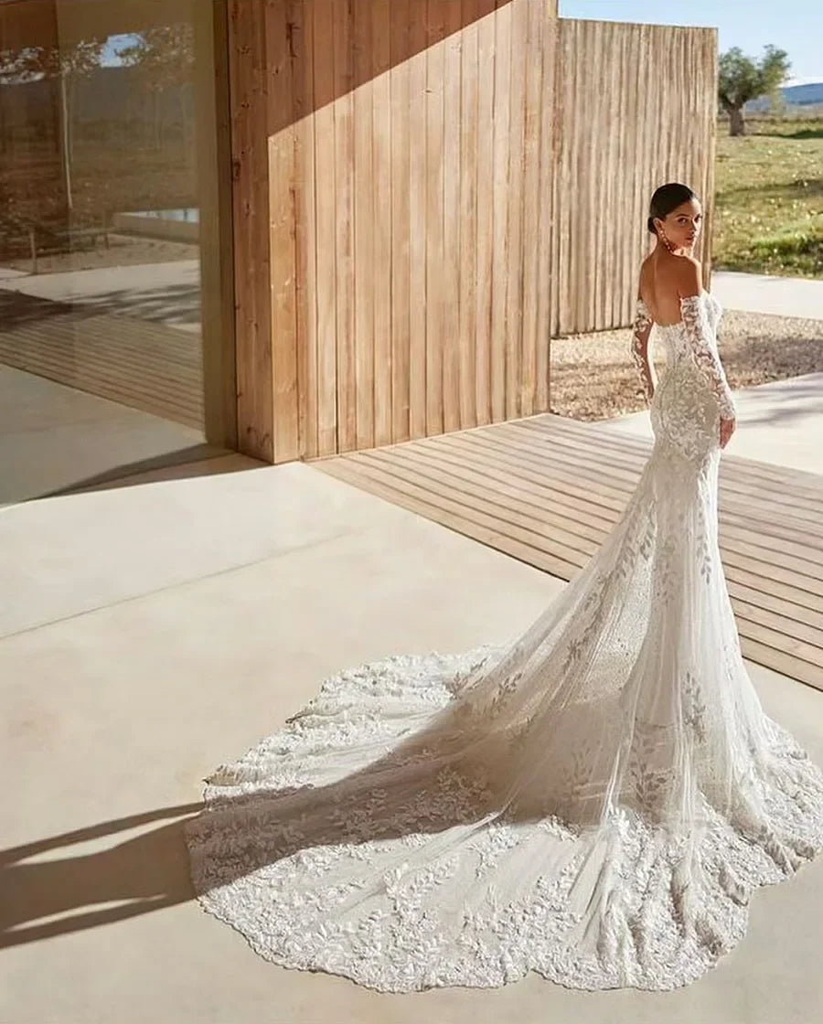 Customized Elegant Lace Appliques Mermaid Wedding Dresses for Bridal 2026 Detachable Long Sleeves Sweetheart Vestido de novia