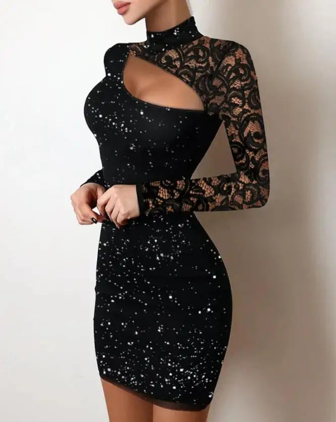 Glitter Contrast Cutout Long Sleeve Lace Dress - VelvetHem