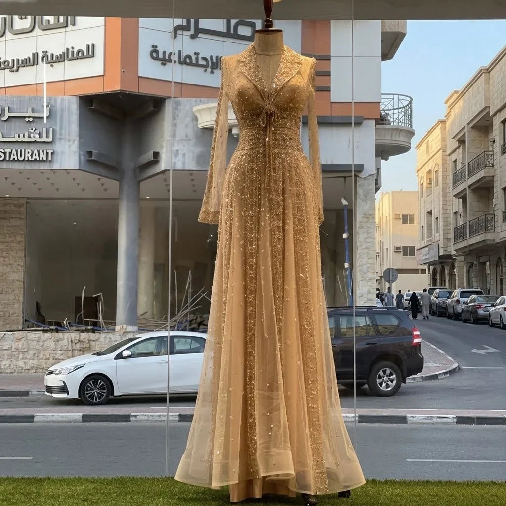Zapdress Customized 2026 Lapel Collar Long Sleeve Evening Dress Luxury Beaded A-Line Modest Party Gowns (ZD17210) - VelvetHem