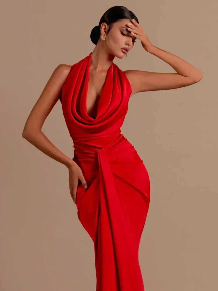 Swinging Collar Backless Pleated Red Stain Maxi Dress