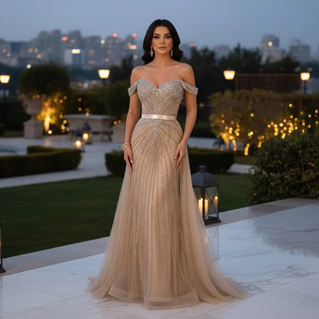 Zapdress 2026 Nude Luxury Beaded Mermaid Off Shoulder Evening Dress Formal Party Gowns for Women Customized (ZD17260) - VelvetHem