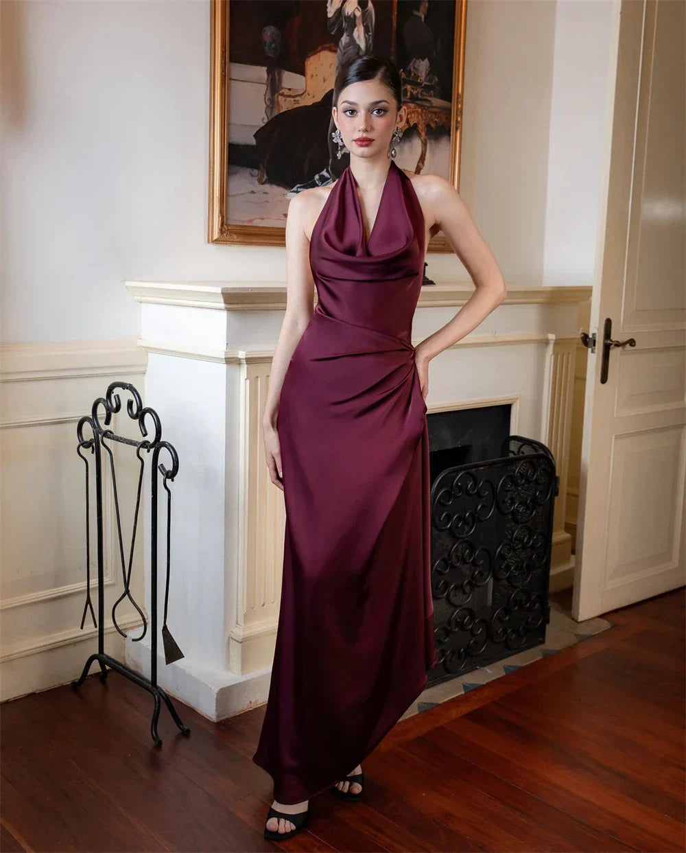 Burgundy Satin Halter Sleeveless Silk Dress - VelvetHem