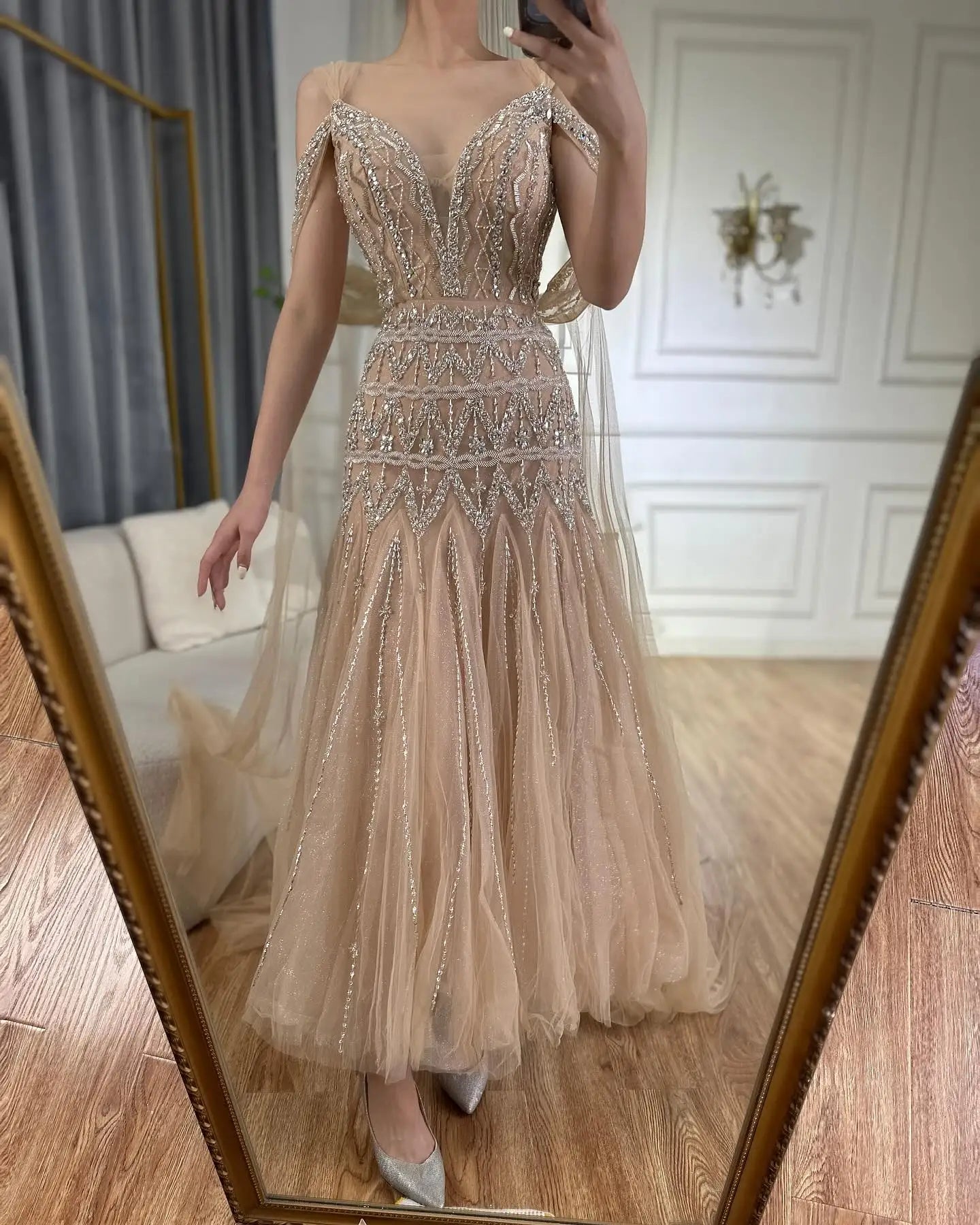 Zapdress Customized 2025 Nude A-Line Midi Ankle Lengt Prom Dresses Glitter Beaded Evening Party Gowns for Women (ZD17237)