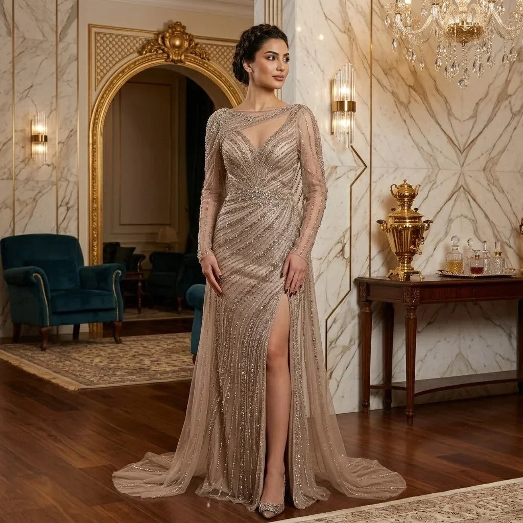 Zapdress Mermaid Beaded Formal Wedding Party Gowns with High Split Celebrity Evening Dress for Women Customized DLA70301L (ZD17301) - VelvetHem