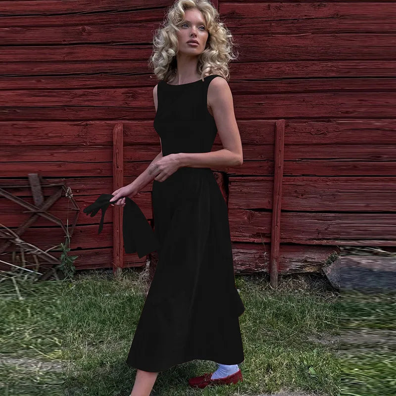 Straight Neck Sleeveless Flare Midi Dress
