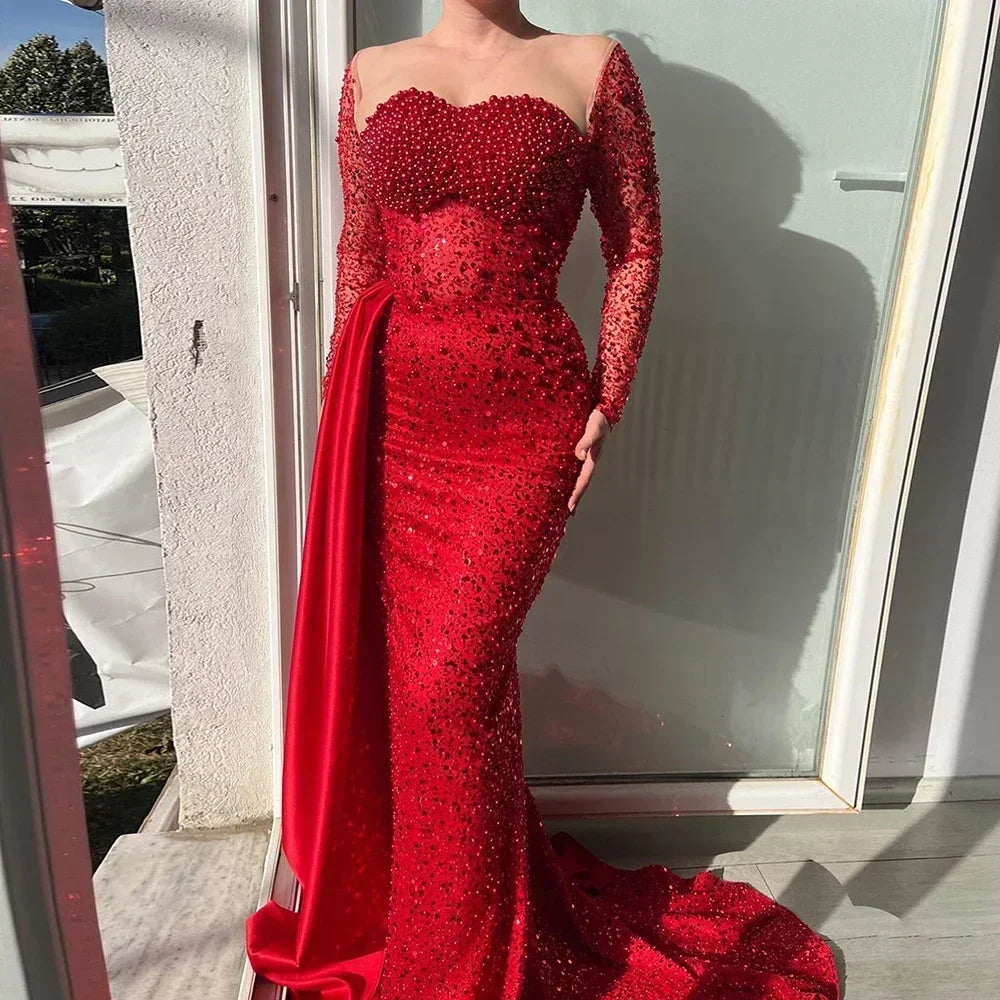 Customized Araibc Pearls Mermaid Evening Dresses Long for Women O Neck Long Sleeves Formal Prom Wedding Party robes de soirée Picture color 1