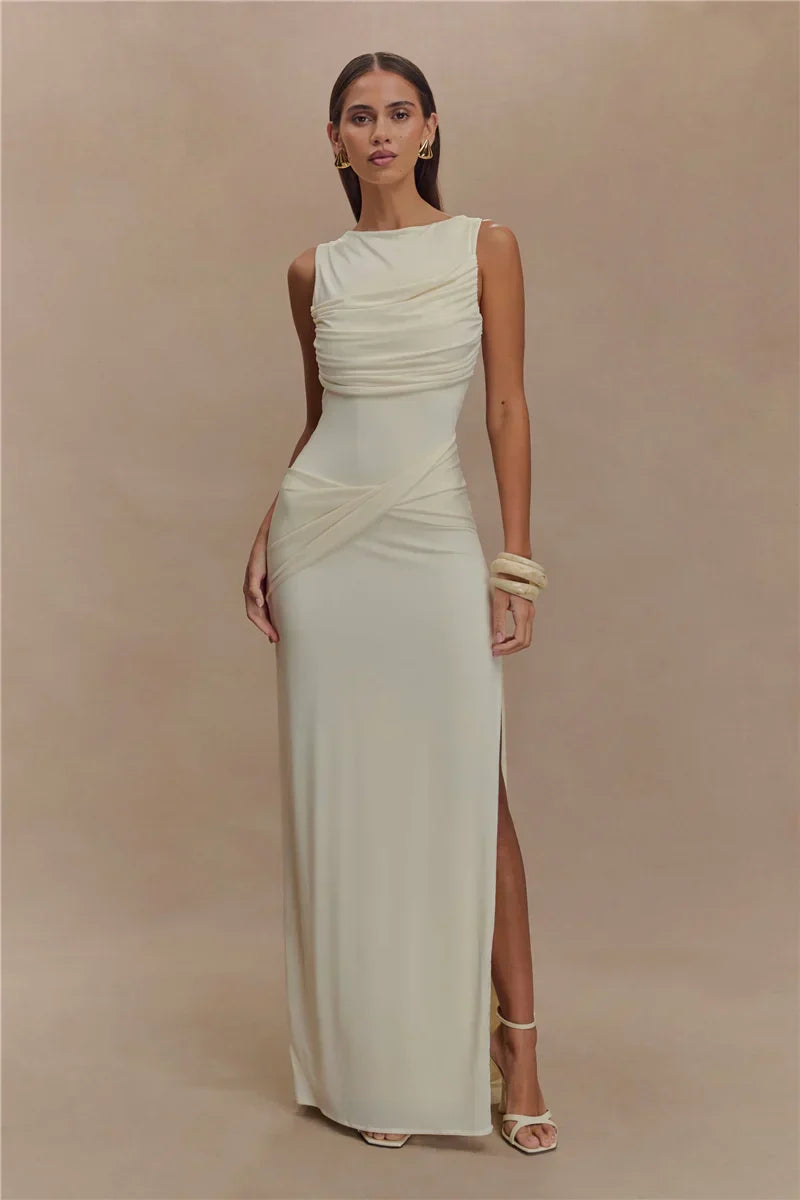 Backless Ruched O Neck Thigh High Split Long Dress