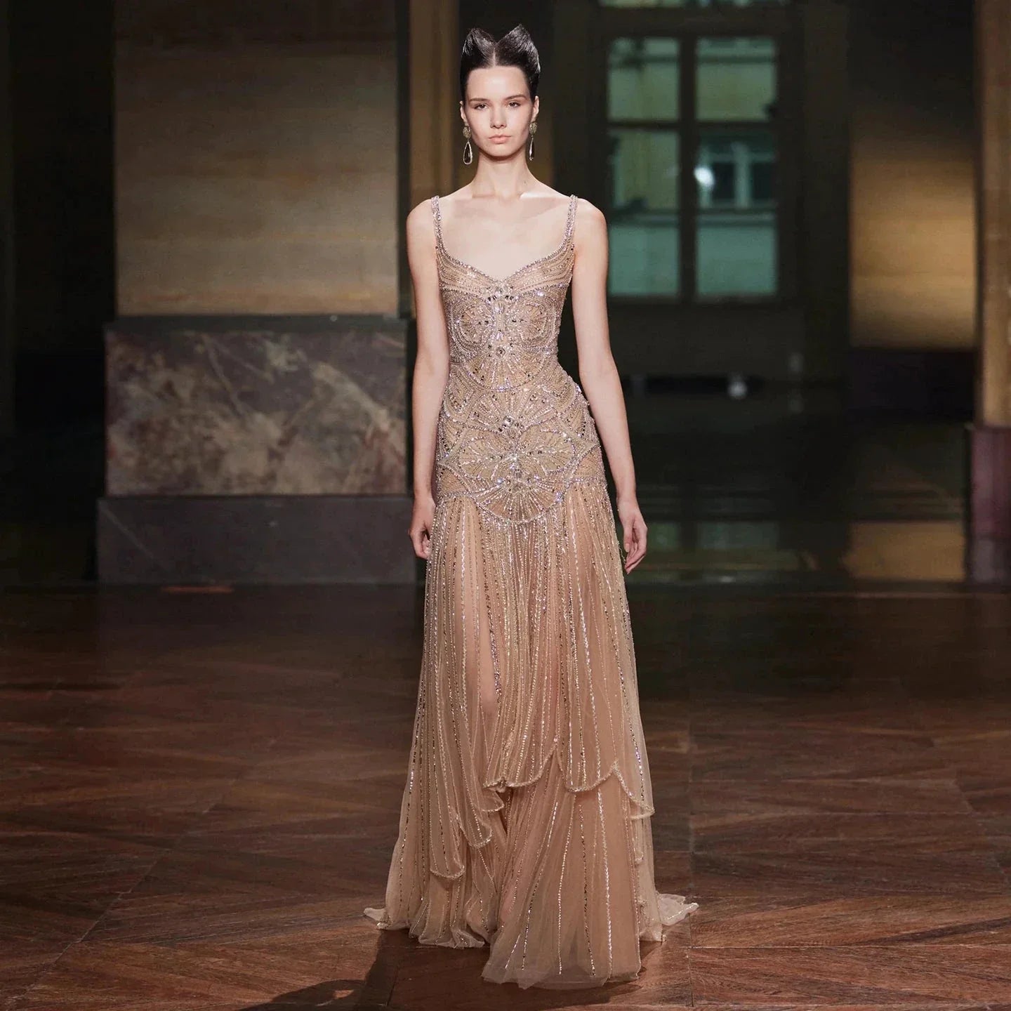 Champagne Beaded Mermaid Evening Dress Luxury Saudi Wedding Gown Customized (ZD17070)
