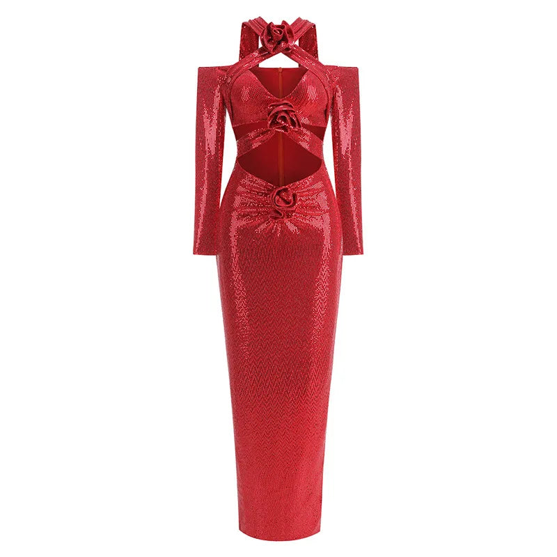 Luxury V - Neck Slit Evening Dress �Floral Hem Party Elegance