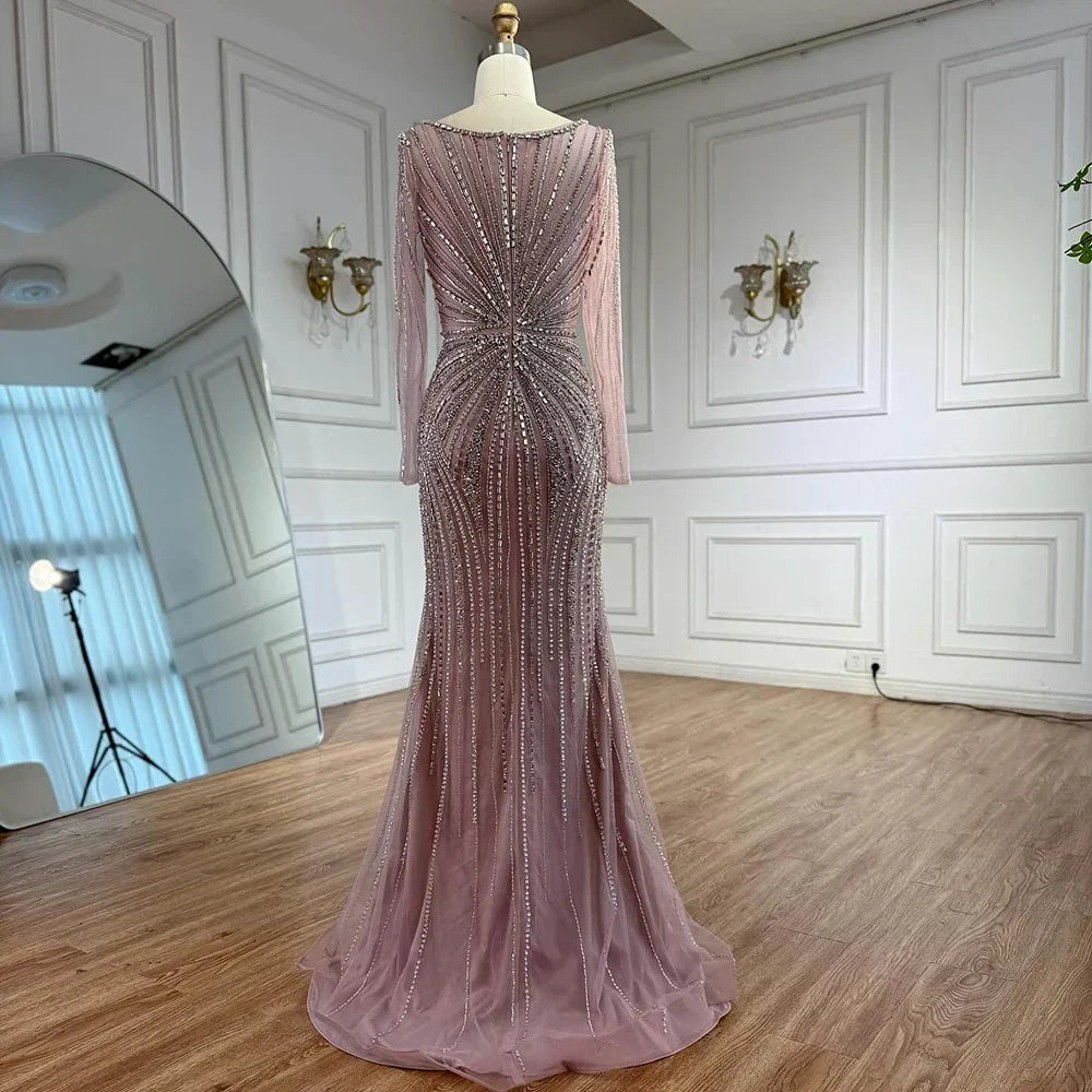 Zapdress Pink V-neck Long Sleeves Beaded Evening Dress with Detachable Overskirt Party Gown for Women Customized (ZD17196)