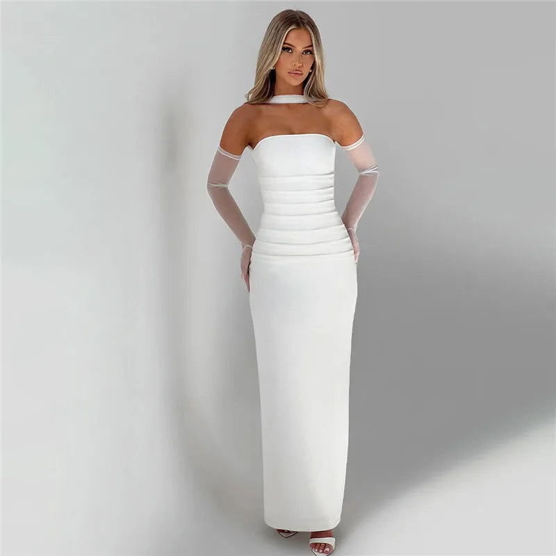 Mesh Sleeve Off - shoulder Long Dress