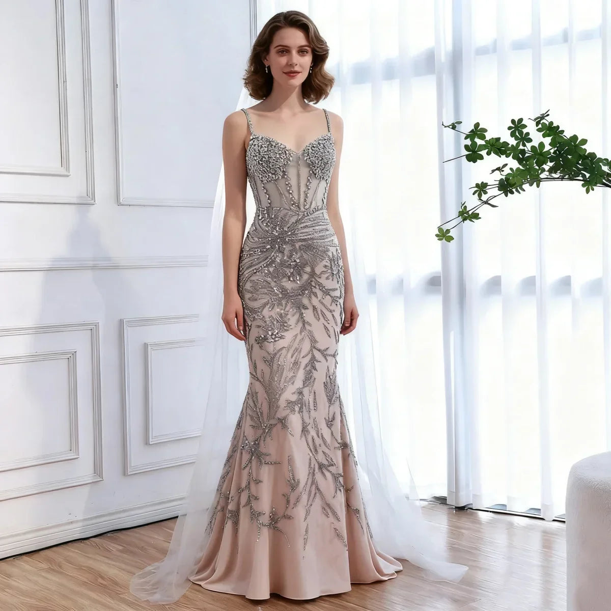 Zapdress Silver Nude Mermaid Beaded Evening Dress with Cape DLA73342 Wedding Party Gowns for Women 2026 Customized (ZD17344) - VelvetHem