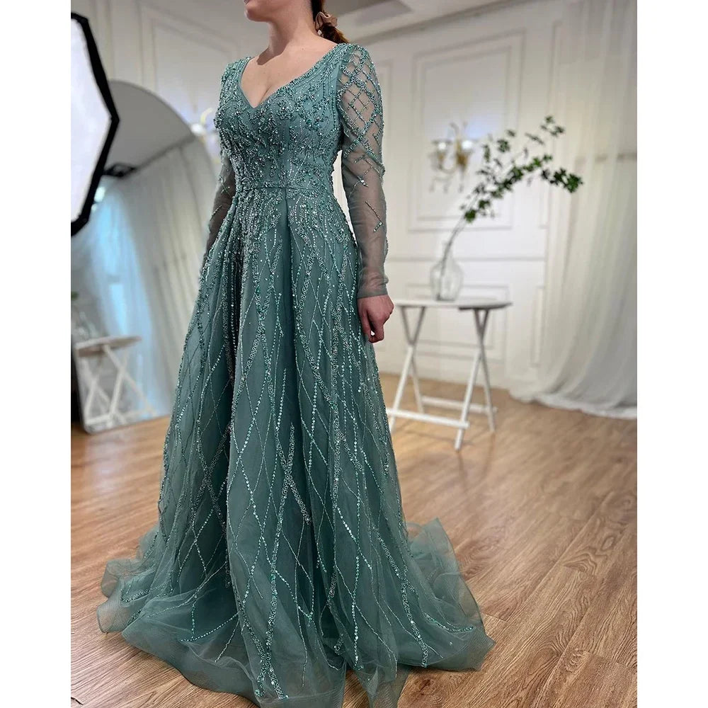 Zapdress Lilac V-neck A-line Long Sleeves Luxury Beaded Evening Dresses Party Gowns for Women Customized (ZD17273)
