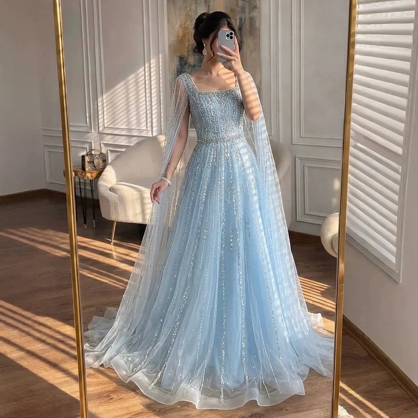 Zapdress Turquoise Square Collar Beaded Evening Dress with Cape Sleeves Dubai Pary Gowns for Women DLA73188 Customized (ZD17252)