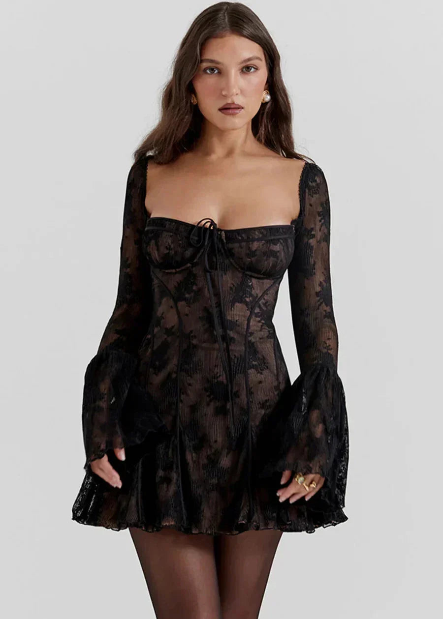 Self Tie Lace Long Sleeve Dress Vibrant Red