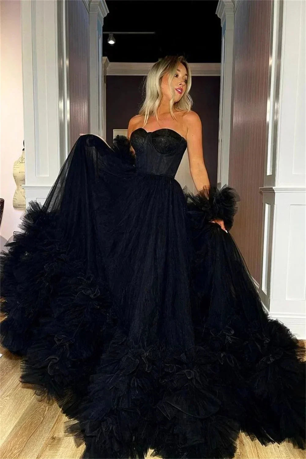 Strapless Black Layered Prom Dress - VelvetHem