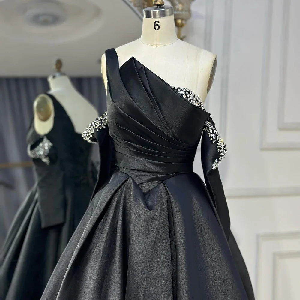 Zapdress 2025 Elegant Black One-Shoulder A Line Beaded Evening Dresses Gowns with Sleeveless For Party DLA72741 Customized (ZD17183)