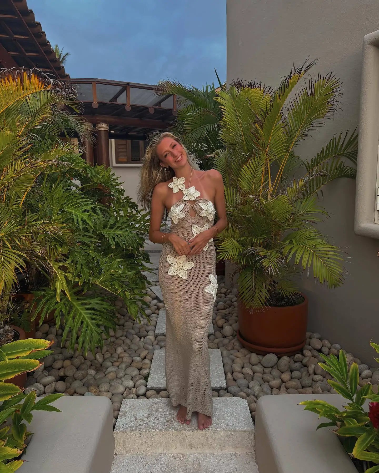 Knit Crochet Flower Applique Halter Maxi Dress