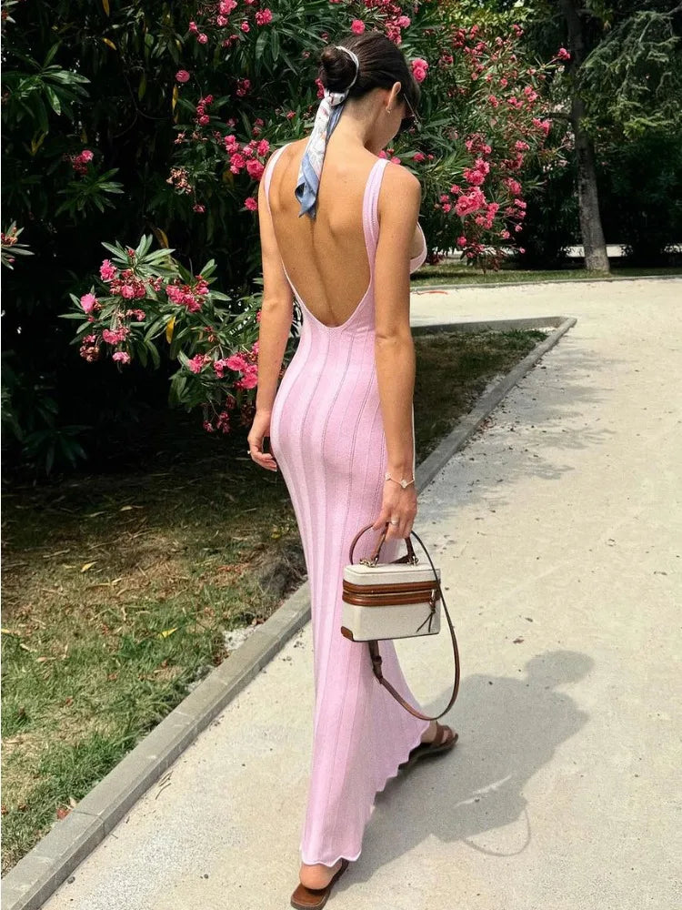 Knit Ribbed Open Back Solid Long Dress