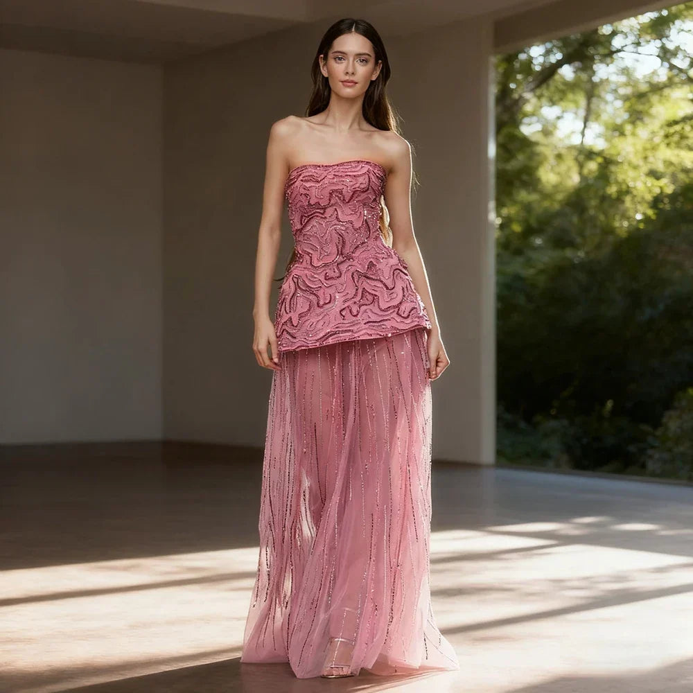 Zapdress Pink Strapless A Line Evening Dress 2025 Two Piece Elegant Party Gowns for Women DLA73207 Customized (ZD17299) - VelvetHem