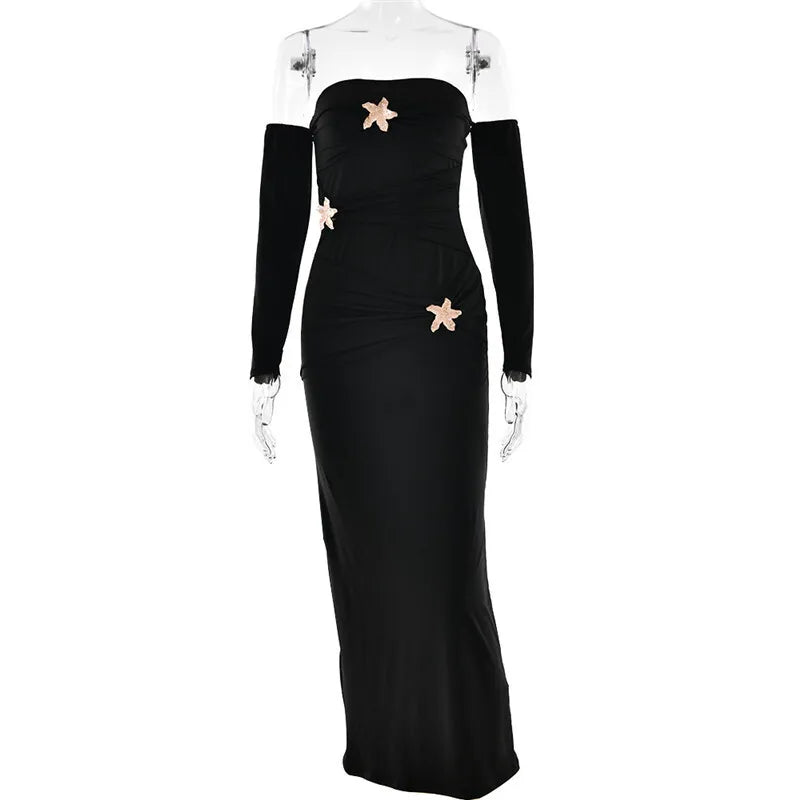 Metal Buckle Off - shoulder Backless Long Dress