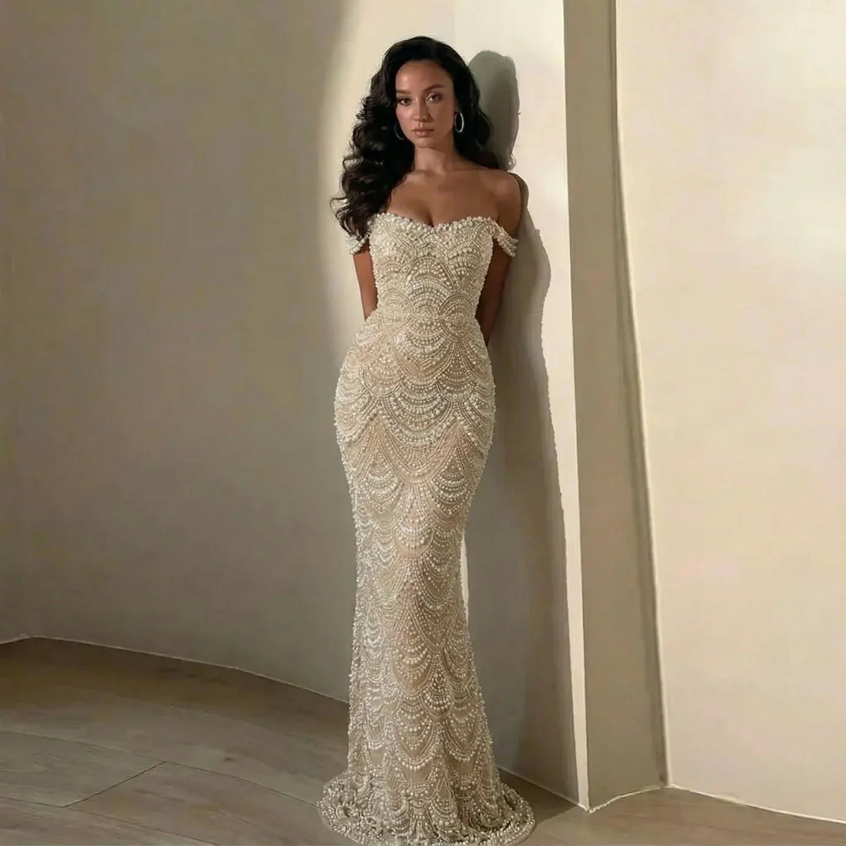 Zapdress Pearl Beaded Off Shoulder Mermaid Evening Gown High-end Formal Occasion Party Dress Kosov Customized DLA73395A (ZD17278) - VelvetHem