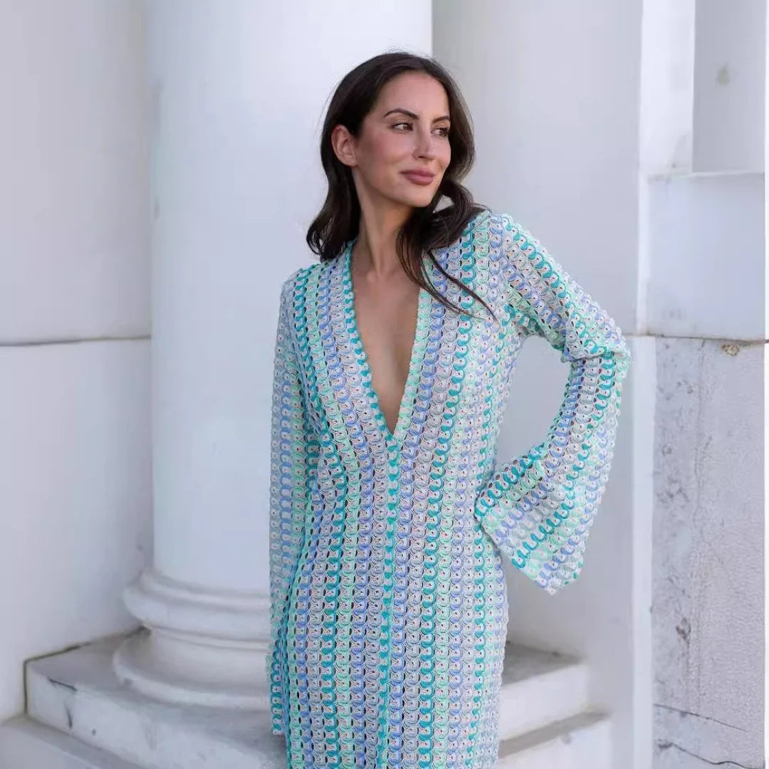 Crochet Stripe Flare Sleeve Maxi Dress - VelvetHem
