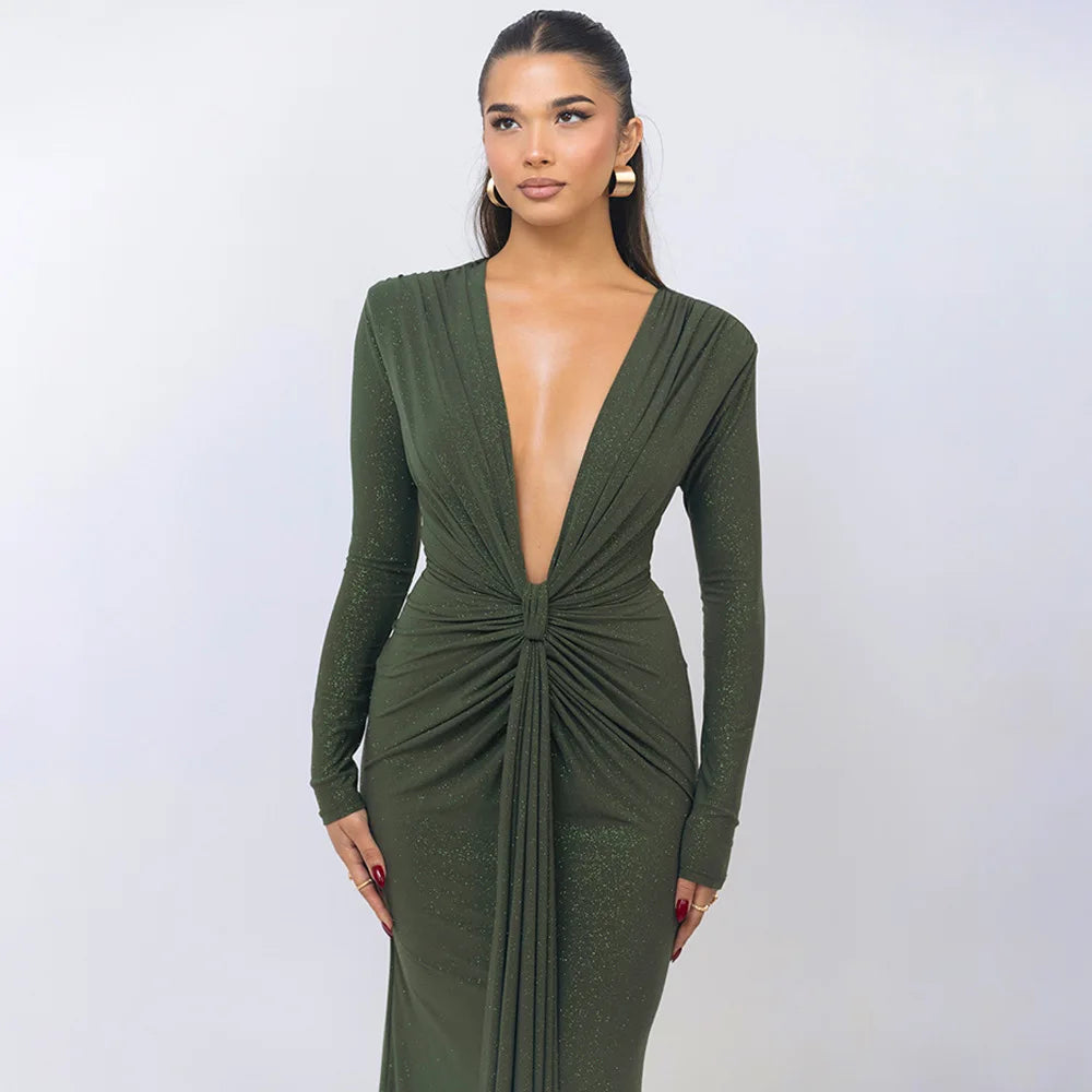 Elastic Deep V - Fold Lace Maxi Dress