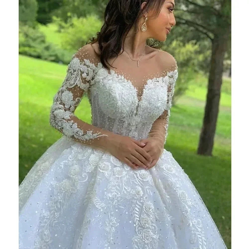 Princess Ball Gown Wedding Dresses 2023 O Neck Long Sleeves Vestido Casamento Lace Up Appliqus Beaded Bride Gowns Suknie Slubne (ZD14118)