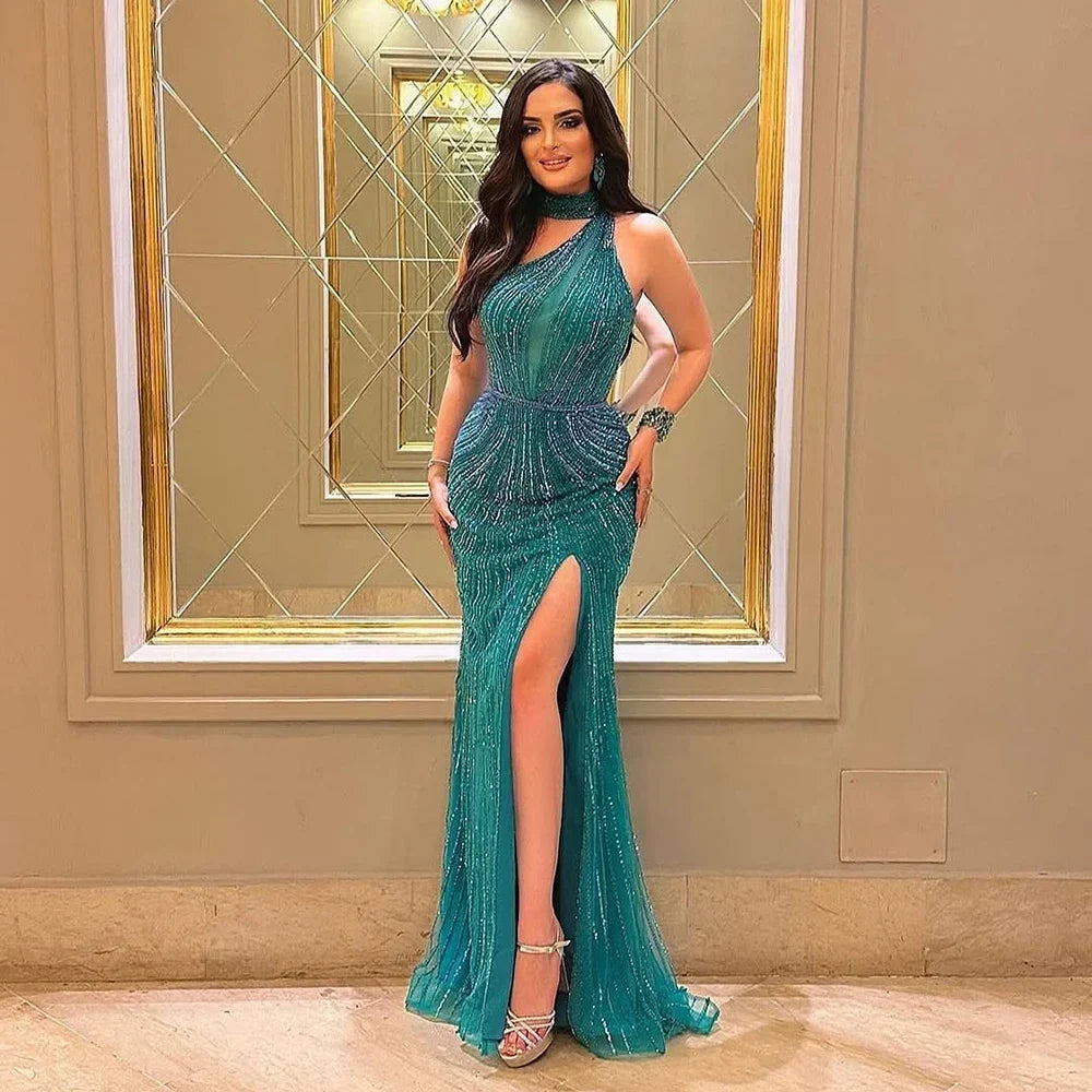 Zapdress Green Halter Sleeveless Beaded Mermaid High Split Evening Dresses Party Gowns for Women DLA72092 Customized (ZD17217) - VelvetHem