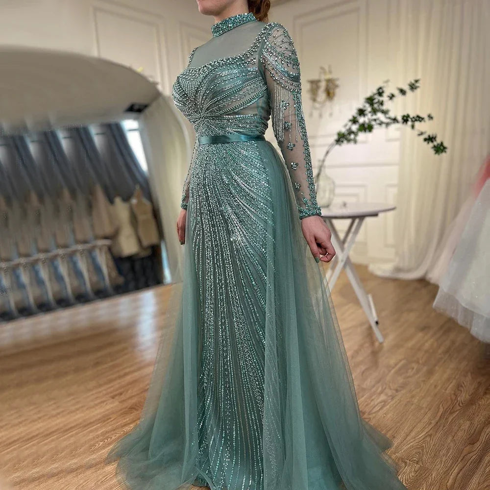 Zapdress Customized Nude Long Sleeves Beaded Mermaid Dubai Evening Dresses 2025 Muslim Party Gowns for Veiled Women (ZD17327) - VelvetHem