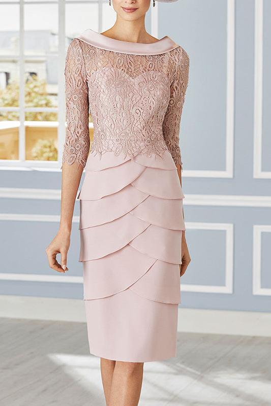 Scoop Neck 3/4 Sleeve Knee Length Sheath Mother of the Bride Dress with Lace