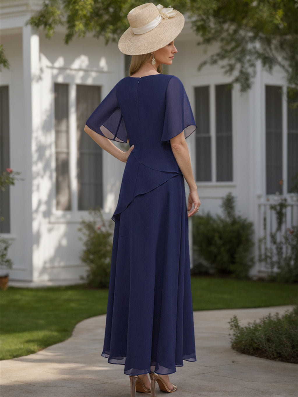 Scoop Neck Chiffon Mother of the Bride Dress with 1 2 Sleeves in A Line Style