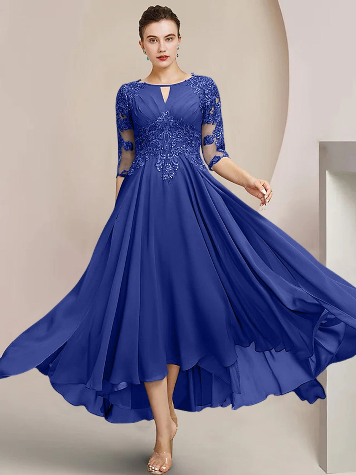 Scoop Neck Tea Length A Line Mother of the Bride Dress