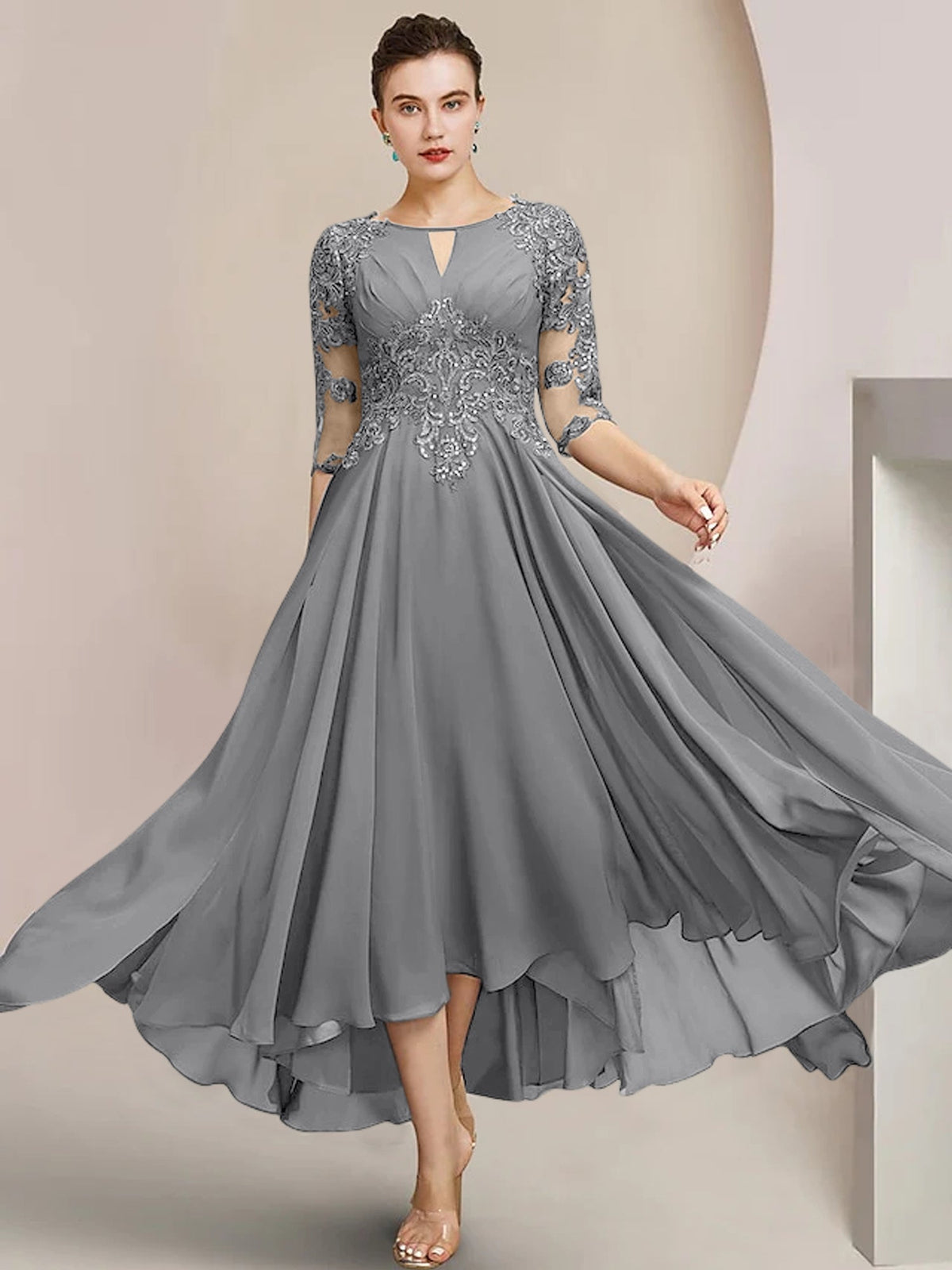 Scoop Neck Tea Length A Line Mother of the Bride Dress
