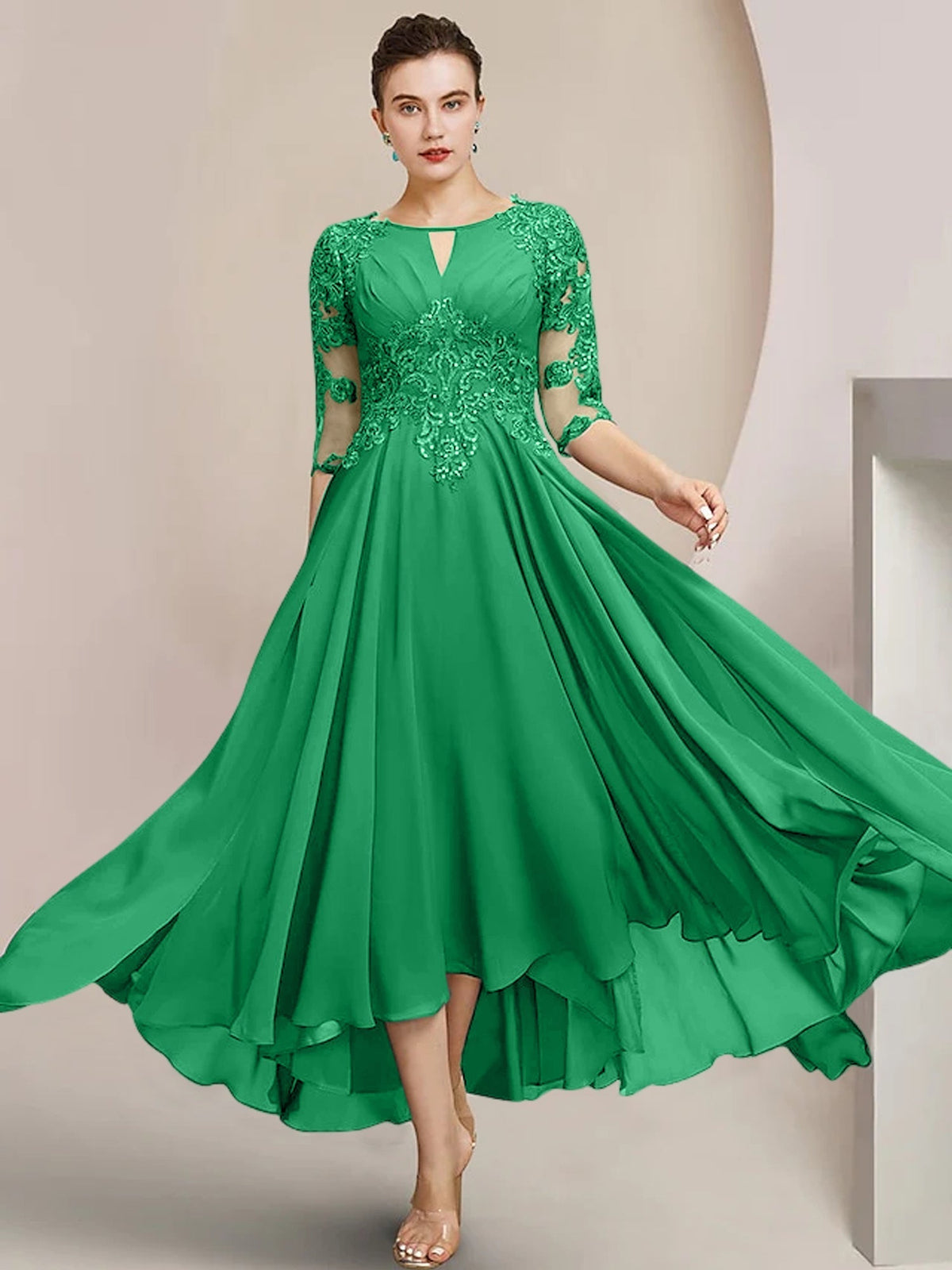 Scoop Neck Tea Length A Line Mother of the Bride Dress