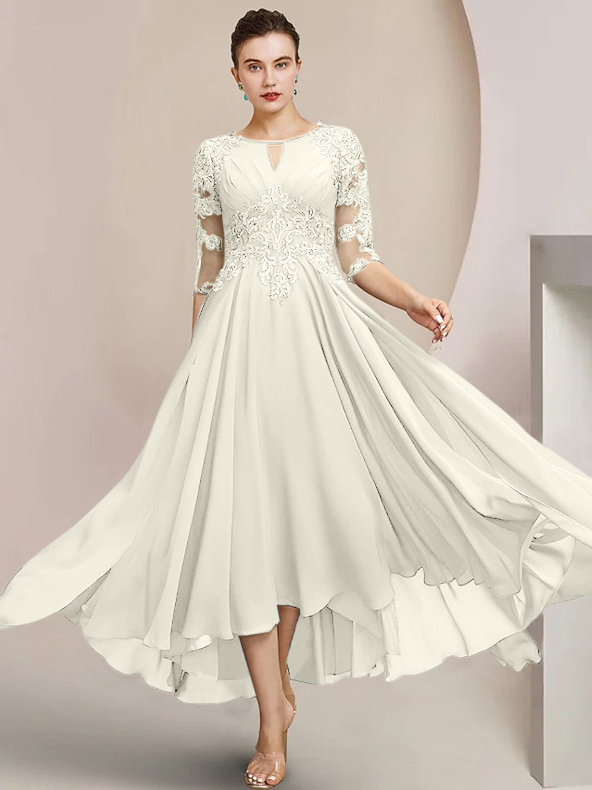 Scoop Neck Tea Length A Line Mother of the Bride Dress
