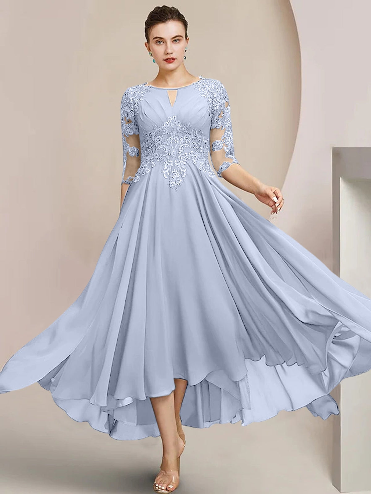 Scoop Neck Tea Length A Line Mother of the Bride Dress