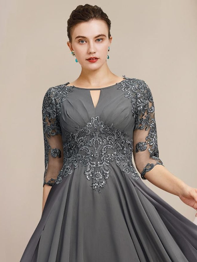 Scoop Neck Tea Length A Line Mother of the Bride Dress