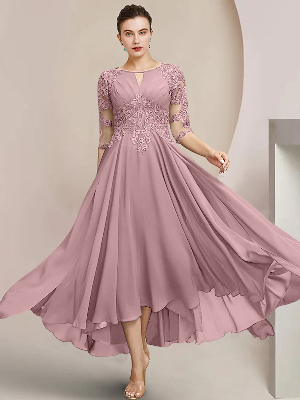 Scoop Neck Tea Length A Line Mother of the Bride Dress