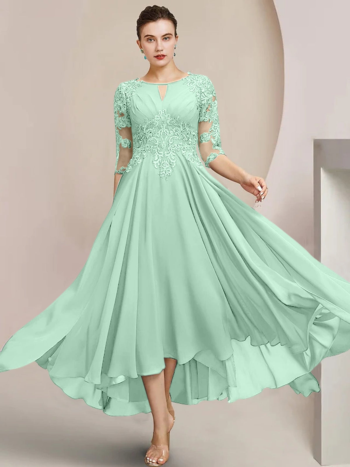 Scoop Neck Tea Length A Line Mother of the Bride Dress