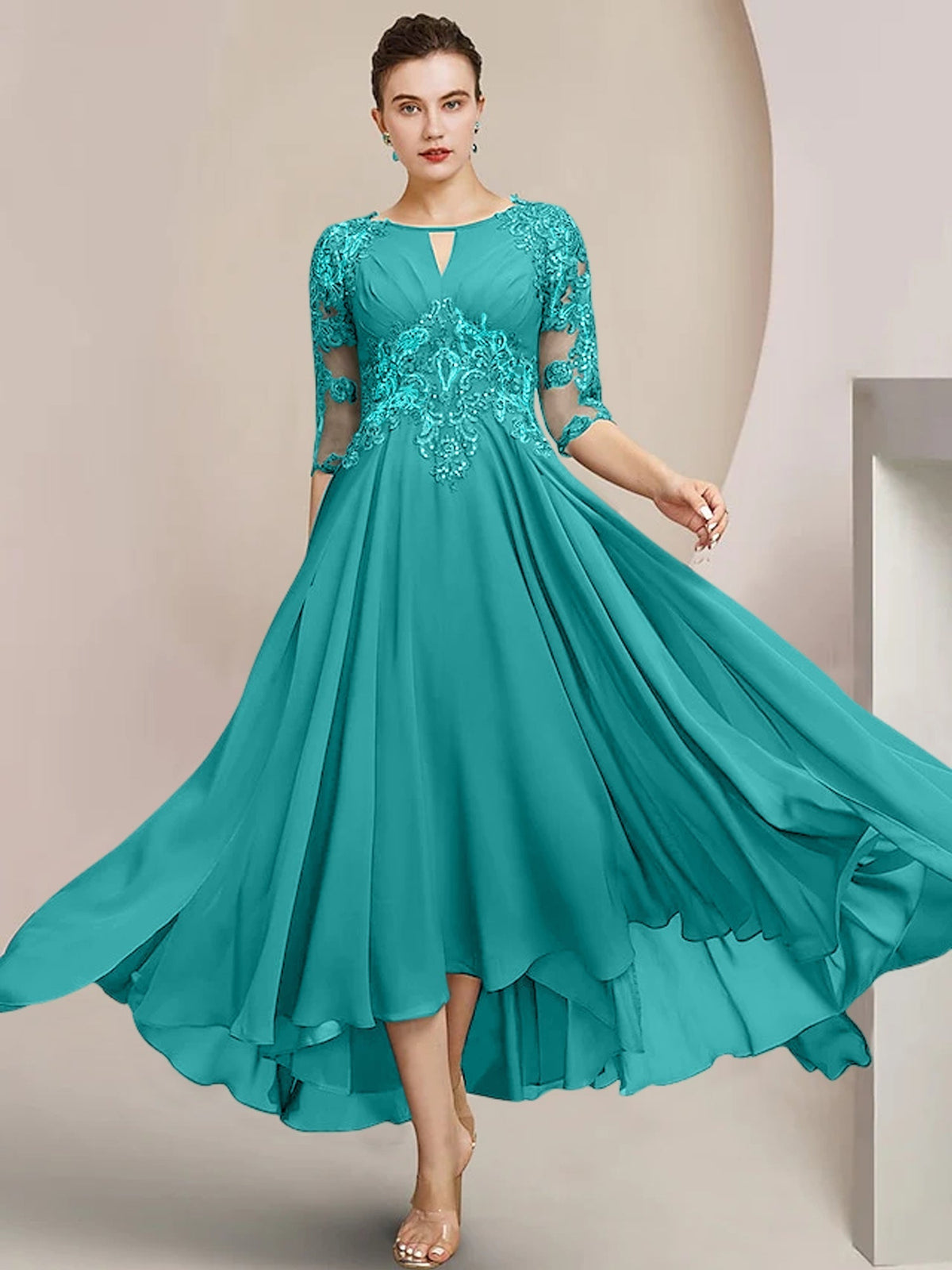Scoop Neck Tea Length A Line Mother of the Bride Dress
