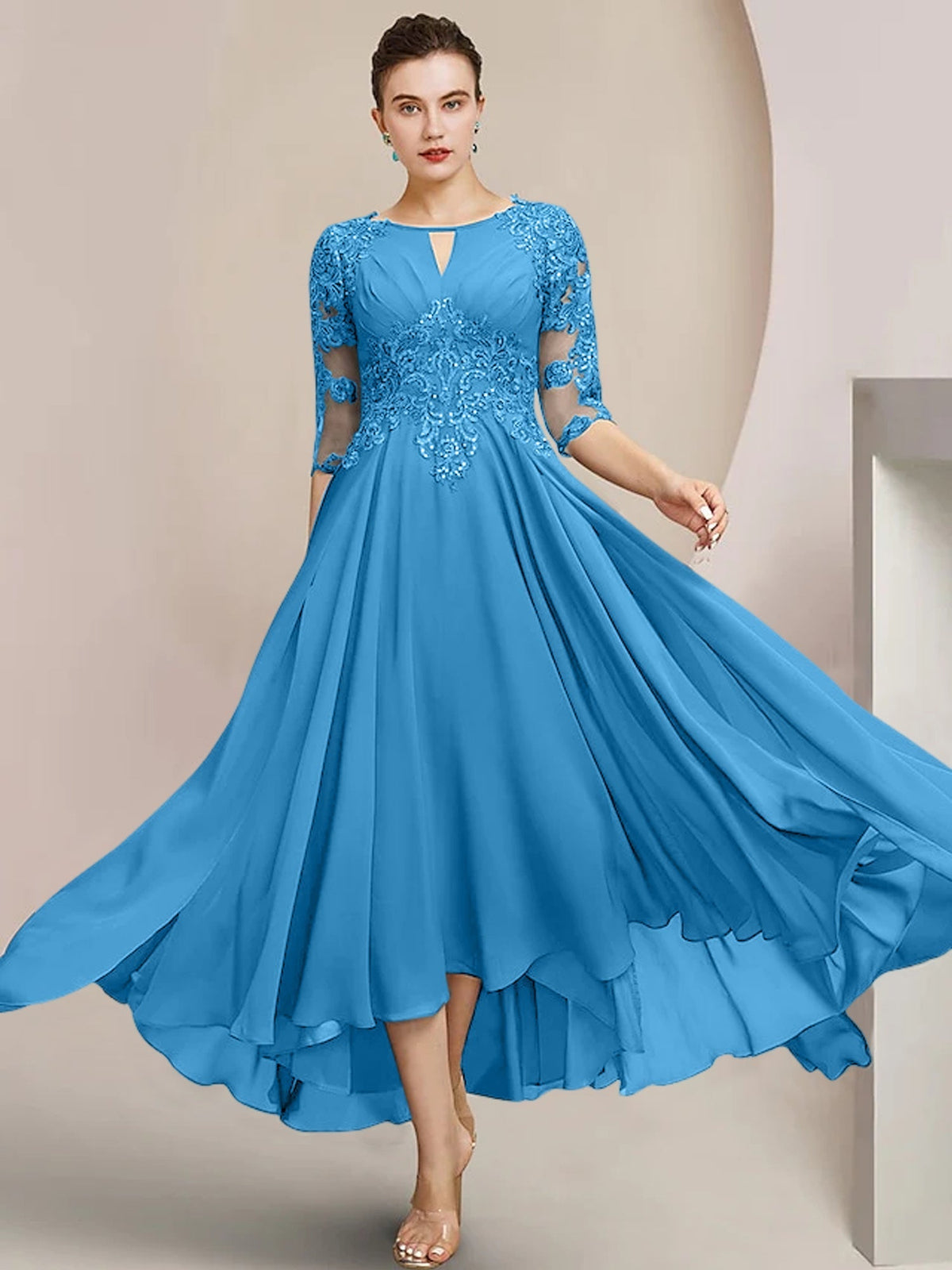 Scoop Neck Tea Length A Line Mother of the Bride Dress
