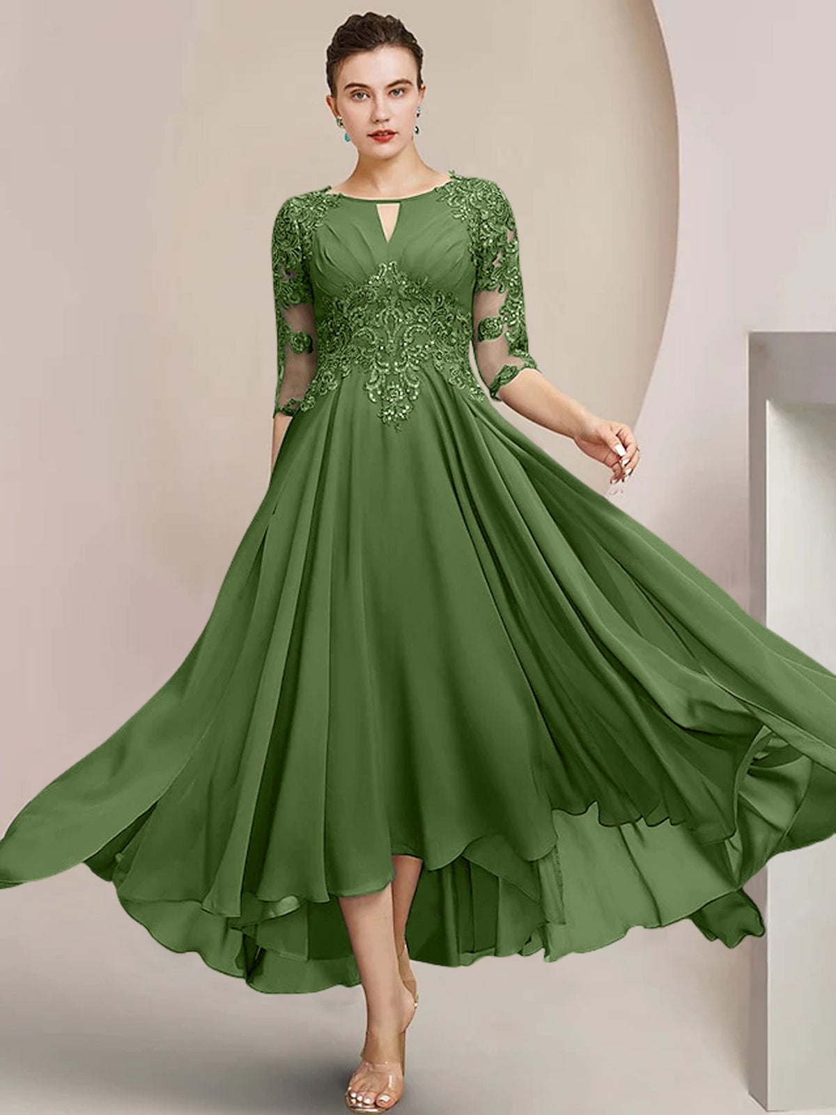 Scoop Neck Tea Length A Line Mother of the Bride Dress