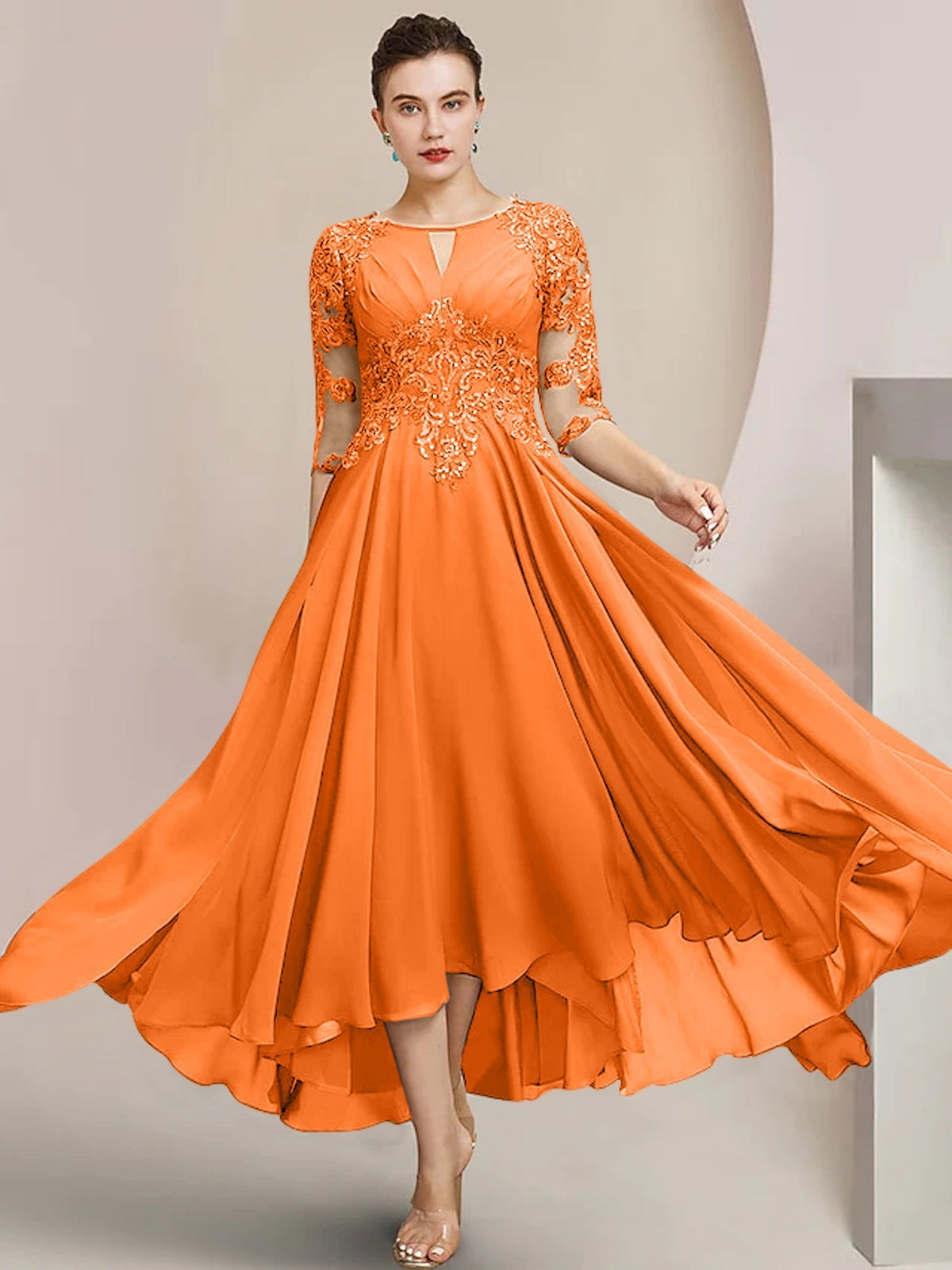 Scoop Neck Tea Length A Line Mother of the Bride Dress