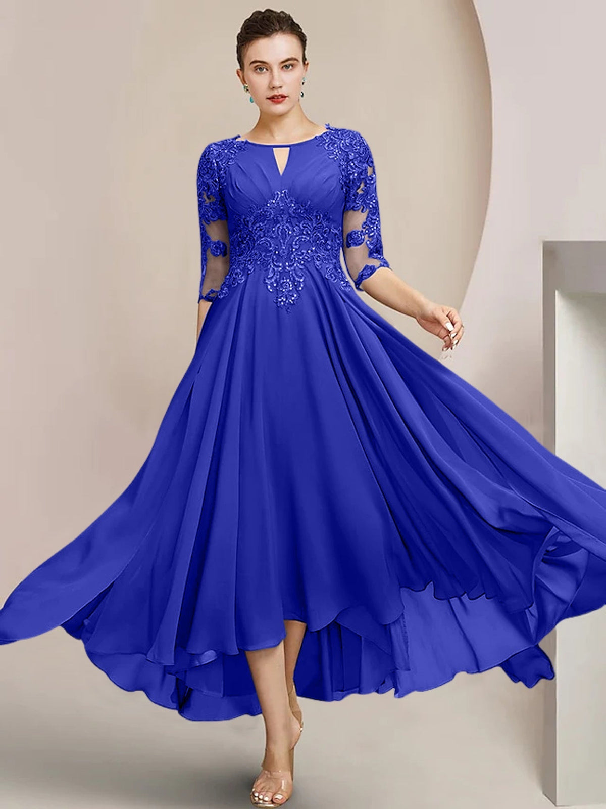 Scoop Neck Tea Length A Line Mother of the Bride Dress